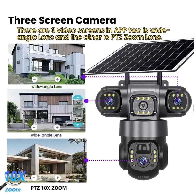 4G Solar Security Camera – Triple Lens, 10X Zoom, PIR Human Detection, Waterproof Night Vision CCTV