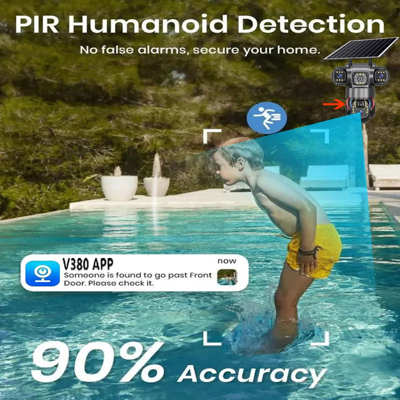 4G Solar Security Camera – Triple Lens, 10X Zoom, PIR Human Detection, Waterproof Night Vision CCTV